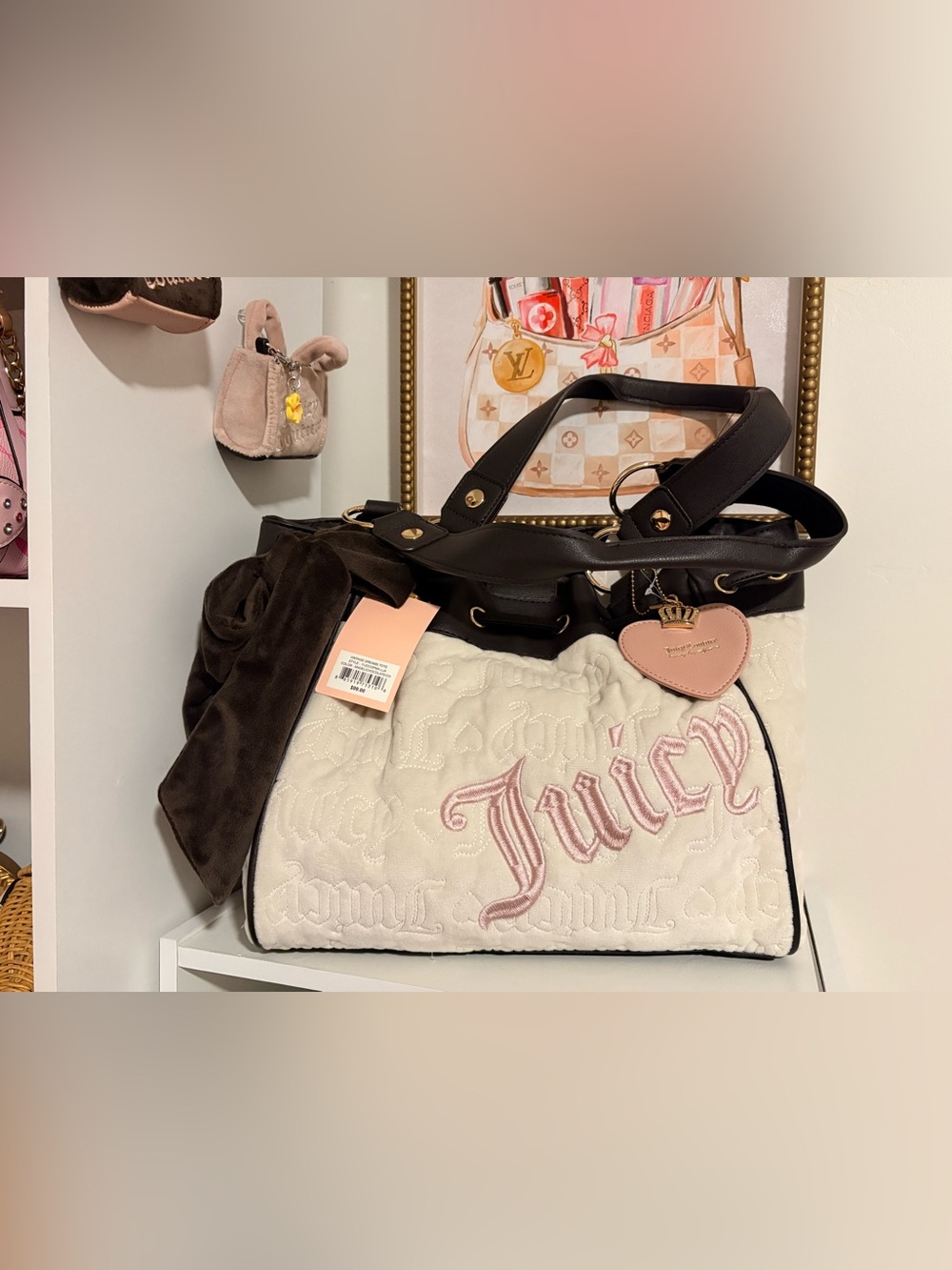 Juicy Couture Cream & Pink Quilted Logo Tote with Dark Brown Handles NWT